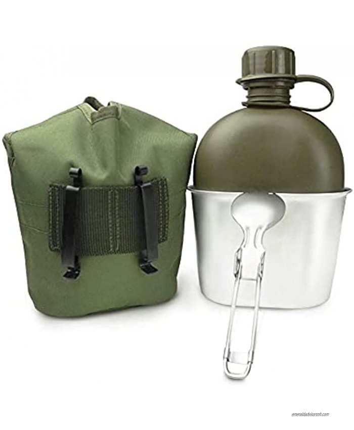 BeGrit Outdoor Kettle Canteen Aluminum Cup Kit and Cover with Stainless Steel Foldable Spoon Fork for Hiking Camping 1 Quart