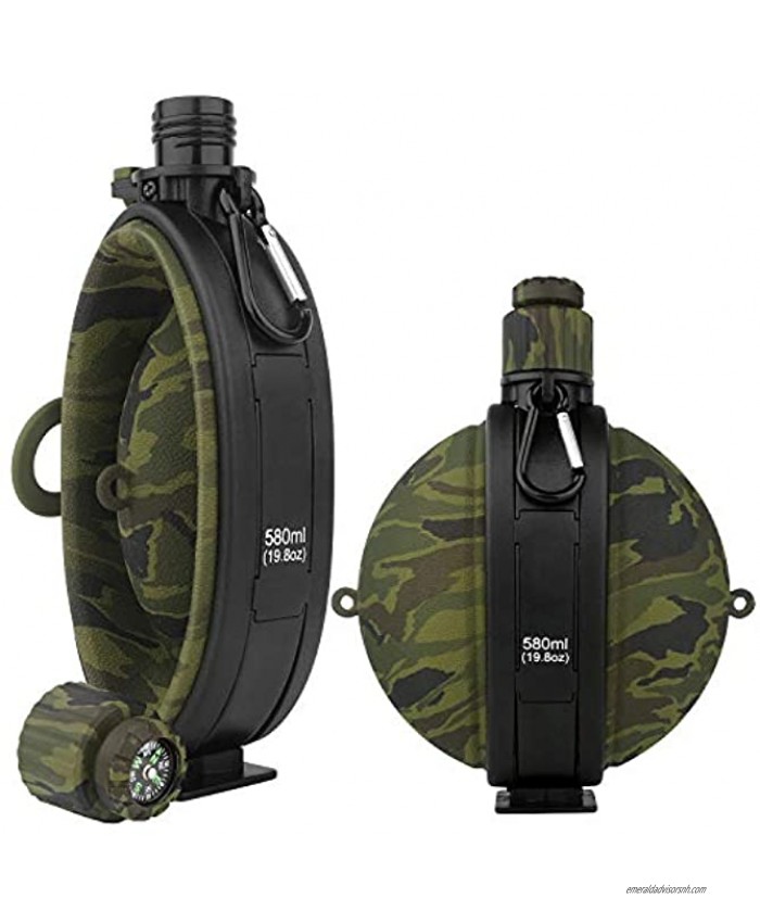 BlueStraw Collapsible Military Water Bottle Newly Designed Silicone Water Kettle Canteen with Compass Bottle Cap for Hiking Camping Outdoors BPA Free 19.8 oz