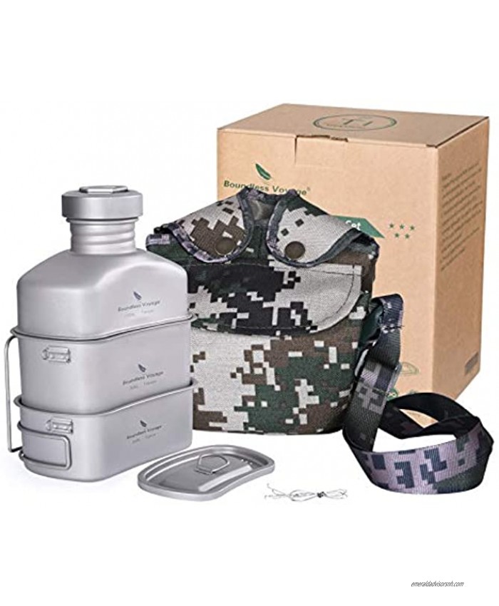 Boundless Voyage Titanium Canteen Mess Kit with Camouflage Bag Large Capacity Kidney-Shaped Camping Pot Pan Set with Lid & Hanging Chain