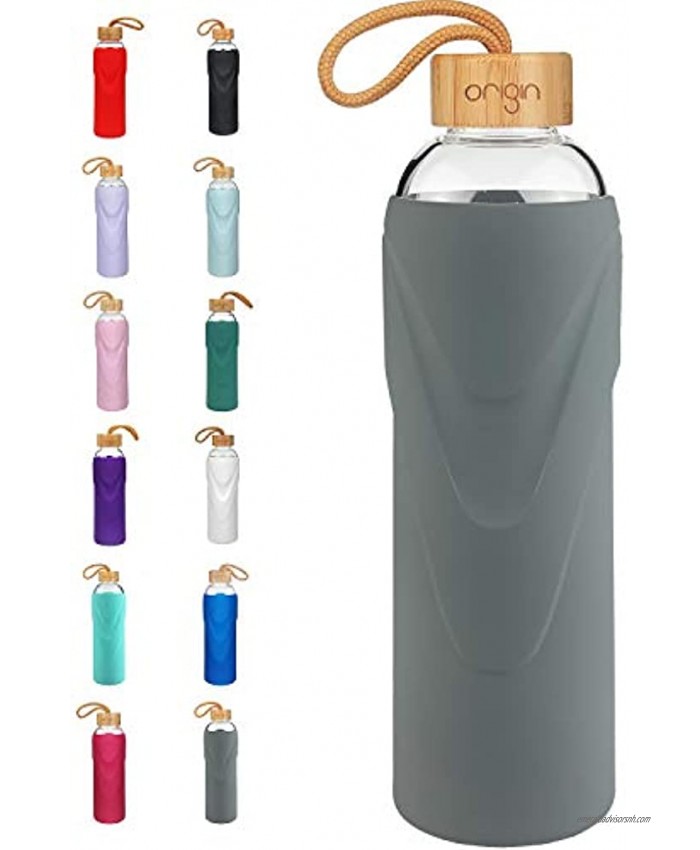 Origin Best BPA-Free Glass Water Bottle with Protective Silicone Sleeve and Bamboo Lid Dishwasher Safe Charcoal 32 oz
