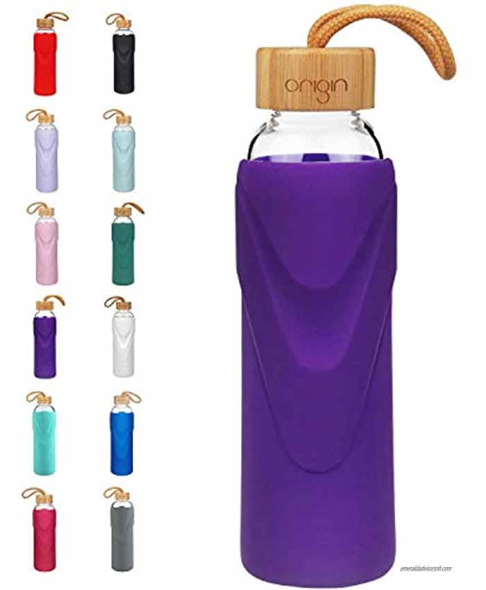 Origin Best BPA-Free Glass Water Bottle with Protective Silicone Sleeve and Bamboo Lid Dishwasher Safe – 14 Ounce Ultra Violet