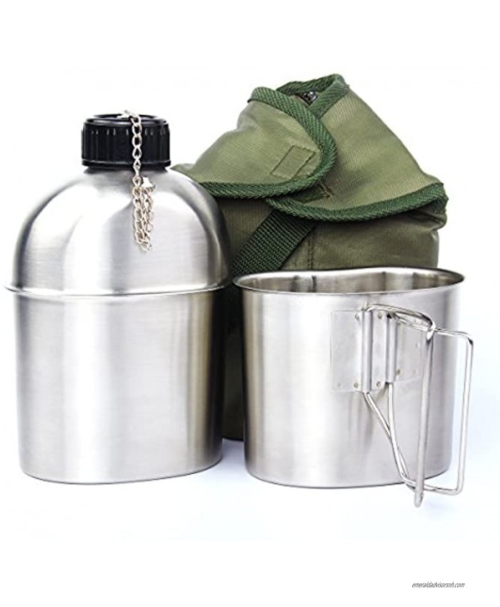 TargetEvo Stainless Steel Military Canteen 1QT Portable with 0.5QT Cup Green Cover Camping Hiking G.I.