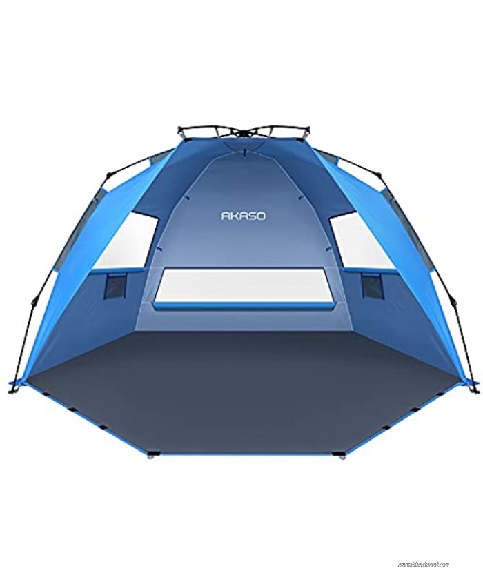 AKASO Pop Up Beach Tent for 3-4 Person X-Large Portable Beach Shade Sun Shelter with UPF 50+ UV Protection 3 Ventilation Windows & Extended Floor Easy Setup Family Beach Shelter Blue