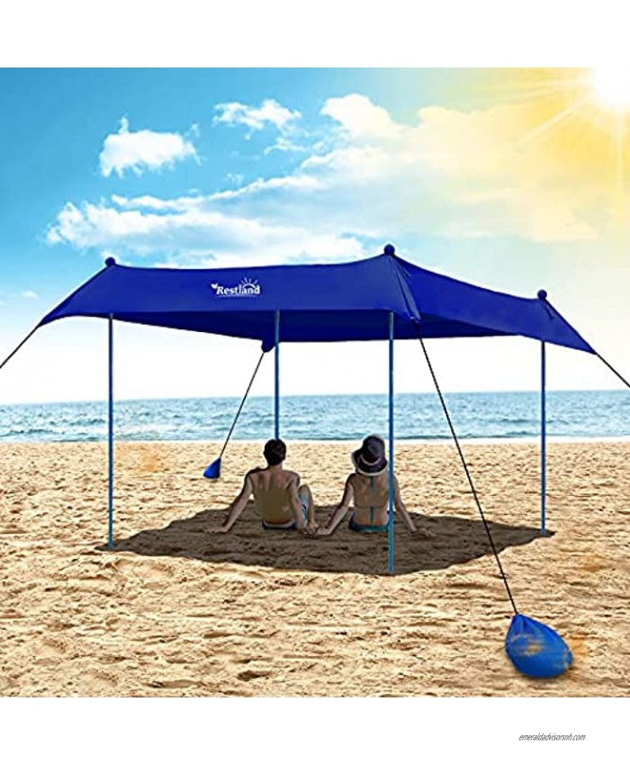 Beach Tent Restland Pop Up Sun Shelter UPF50+ with 4 Aluminum Poles Carry Bag Ground Pegs Sand Shovel Outdoor Canopy Beach Shade for Camping Fishing Backyard or Picnics Navy 10x10FT 4 Poles