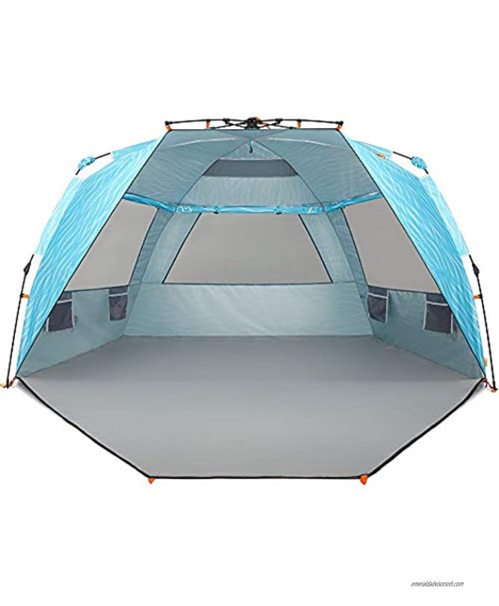 Easthills Outdoors Instant Shader Enhanced Prints Deluxe XL Beach Tent 4-6 Person Pop Up Sun Shelter 99 Wide for Family UPF 50+ Double Silver Coated with Extended Zippered Porch Ocean Wave