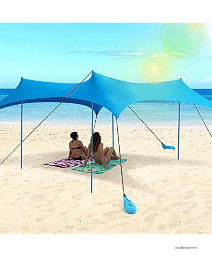Family Beach Tent 10x10 FT Sun Shade Canopy UPF50+ Family Beach Sun Shelter with 4 Aluminum Poles 8 Sandbags and Carrying Bag for Outdoors Camping Fishing