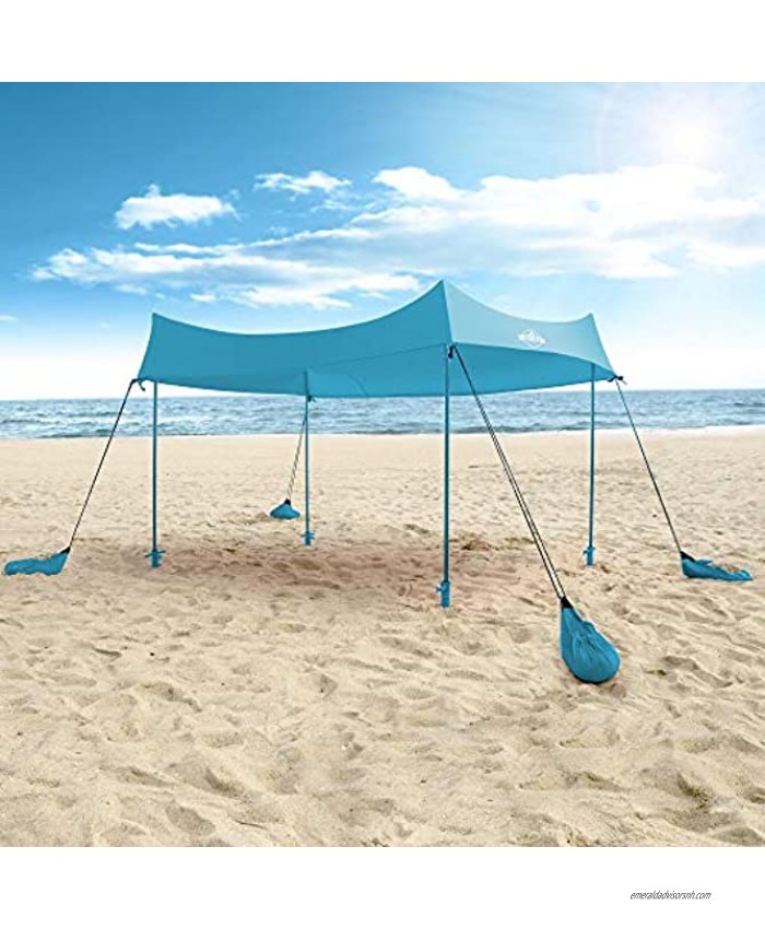 Hike Crew Sun Shade Canopy | Lycra Portable Beach Tent Shelter with UPF 50+ UV Protection Built-in Sandbags Carry Bag 4 Poles & 3 Anchor Sets for Various Terrain | Wind Water & UV Resistant