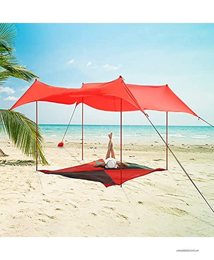 PAOLFOX Beach Sun Shelter Tent Portable Pop Up Family Outdoor Beach Sun Shade with 4 Poles  for Camping Fishing or Picnics . 1 Free Beach Mat ,1 Carry Bag Included Orange 9.8 9.8 FT 4 Pole