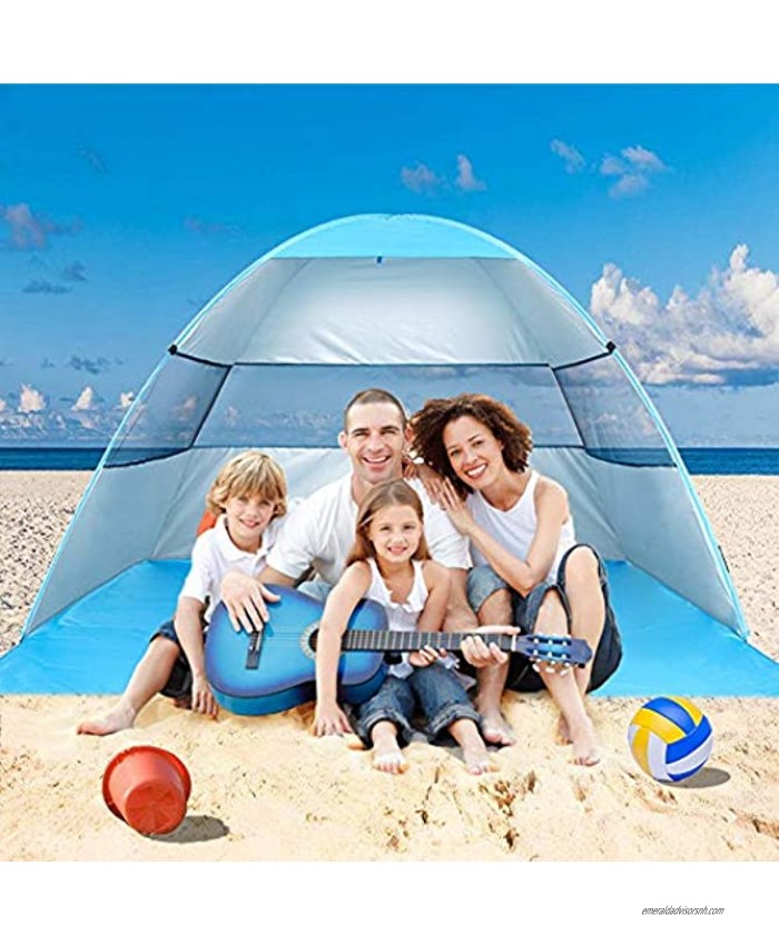 wilwolfer Beach Tent Pop Up Sun Shelter Plus Cabana Automatic Canopy Shade Portable UV Protection Easy Setup Windproof Stable with Carry Bag for Outdoor 3 or 4 Person Blue