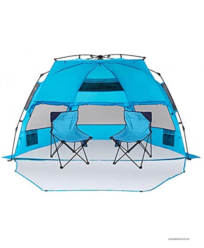 X-Large Pop Up Beach Tent Sun Shade Shelter for 4 Person with UPF50+ Protection Portable Beach Shade Canopy 3 Ventilation Windows & Extended Floor Easy Setup Family Beach Sun Shelter Blue