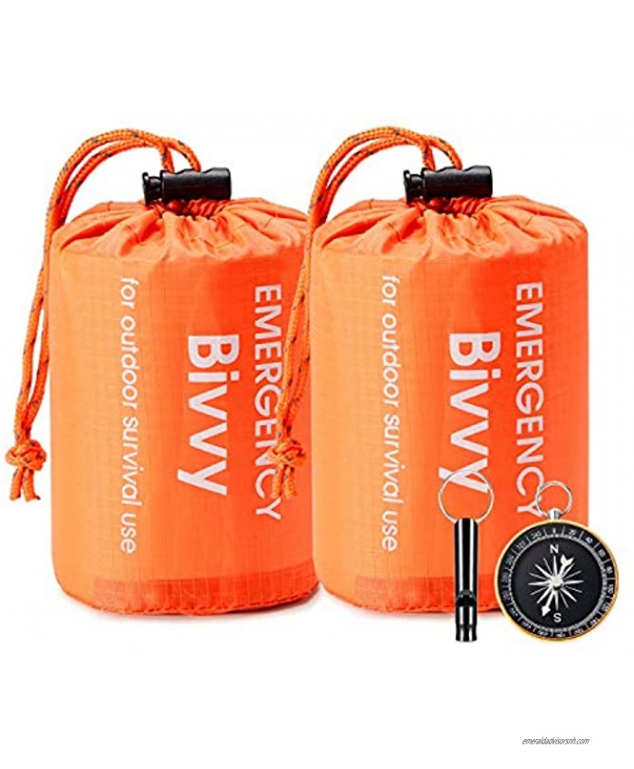 Esky Emergency Sleeping Bag 2 Packs Ultra Waterproof Lightweight Thermal Bivy Sack Survival Shelter Blanket Bags with Compass and Loud Survival Whistle Portable Sack for Camping Hiking Outdoor