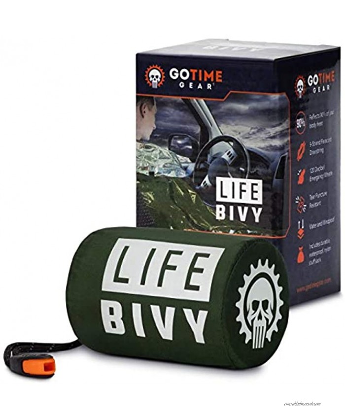 Go Time Gear Life Bivy Emergency Sleeping Bag Thermal Bivvy Use as Emergency Bivy Sack Survival Sleeping Bag Mylar Emergency Blanket Includes Stuff Sack with Survival Whistle + Paracord String