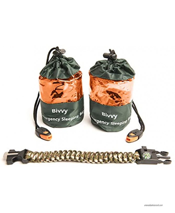 Q's INN Bivy Sack Emergency Sleeping Blanket Compact and Lightweight Bag. Use as Survival Sleeping Bag Mylar Survival Blanket. Water and Wind Proof Includes Whistle Paracord Bracelet