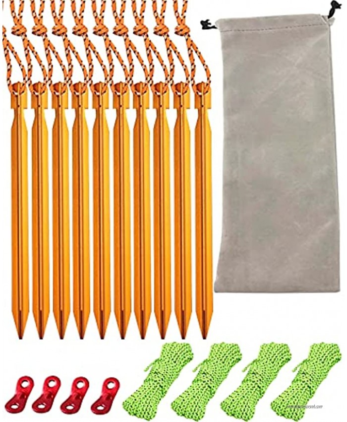 ANCHOVY Outdoors Tent Stakes Pegs,10 Pack Aluminum Ultralight Tent Pegs with Reflective Cord and 5 Pack 4m Reflective Guy Lines Suitable for Camping Trip Hiking and Gardening ,#P509 Gold