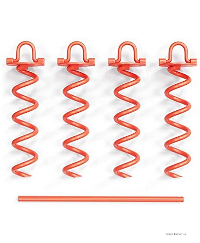 CORQUE Screw In Ground Anchors Heavy Duty with Folding Ring – Orange Powder Coated Steel – 12 Inch Set of 4 for Swing Sets Canopies Trampolines Camping Tarps Trapping Sheds Dog Tie Out