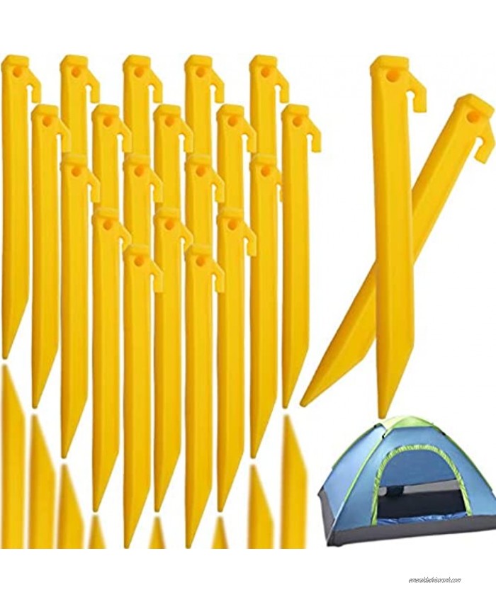 MotBach 20 Pack 8.8 Inch Plastic Tent Stakes Yellow Larger Tent Pegs Spike Hook Canopy Stakes Accessories Tent Ground Anchor Stakes for Camping Sandbeach Rain Tarps and Hiking