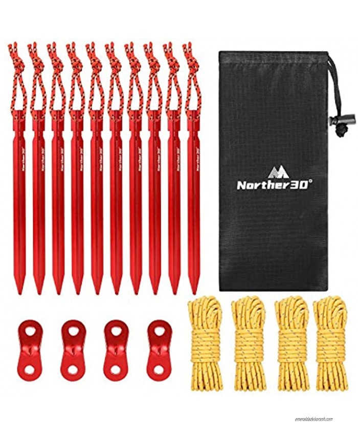 Norther30° Outdoors Tent Stakes Pegs Ropes.10 Pack 7 Tent Pegs Stakes and 4 Pack 4m Reflective Guy Lines with Cord Adjustment Suitable for Tent Footprint Tarp use.