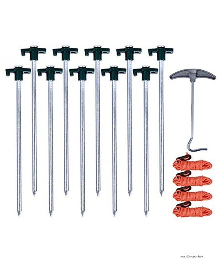 REDCAMP Camping Tent Stakes for Ground 10 PCS Tent Pop Up Canopy Stakes Tarp Stakes with 4PCS Tent Ropes & 1PC Tent Peg Puller