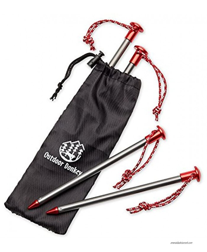 StayPut! Aero 7075 Lightweight Aluminum Anchor Peg Tent Stakes with Reflective Pull Cords and Storage Bag for Hammock Camping and Backpacking Stakes with Storage Bag 4-Pack Titanium Gray & Red