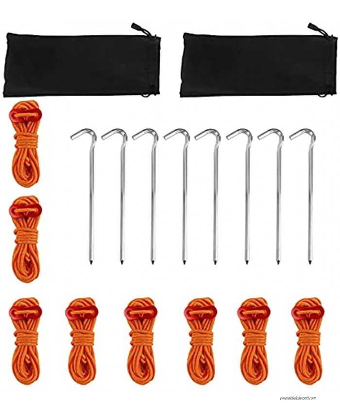 YaeMarine 8 Pack Outdoor Camping Tent Stake Pegs and Guylines Guy Rope Lightweight Camping Rope with Adjuster Tensioner for Pitching Camping Trip,Hiking Gardening and Canopies