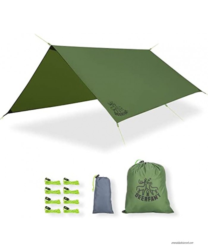 DEERFAMY 10x10ft Camping Tarp Waterproof Rain Fly Tent Tarp with Aluminum Stakes Large but Lightweight Rain Shelter Sun Shade Square Footprint Green