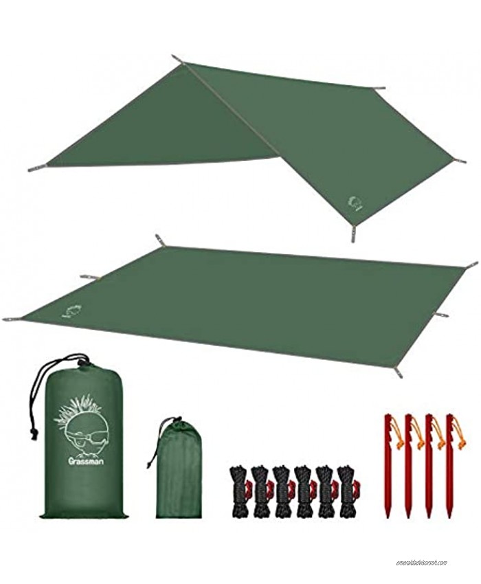 Grassman Camping Tarp Ultralight Waterproof 10x10ft 10x12ft Rain Fly Shelter Easy to Setup Camping Tarp Tent Perfect for Backpacking Hiking Travel Outdoor Adventures Survival Gears