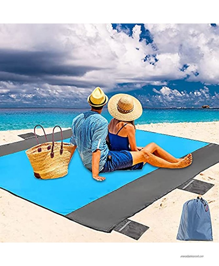 79×83 inch Large Thick Sand Free Beach Blanket with 6 Zipper Pockets 4 Stakes Waterproof Picnic Blanket Oversized for 4-6 Adults Durable Lightweight Windproof Beach Mat for Travel Camping Hiking