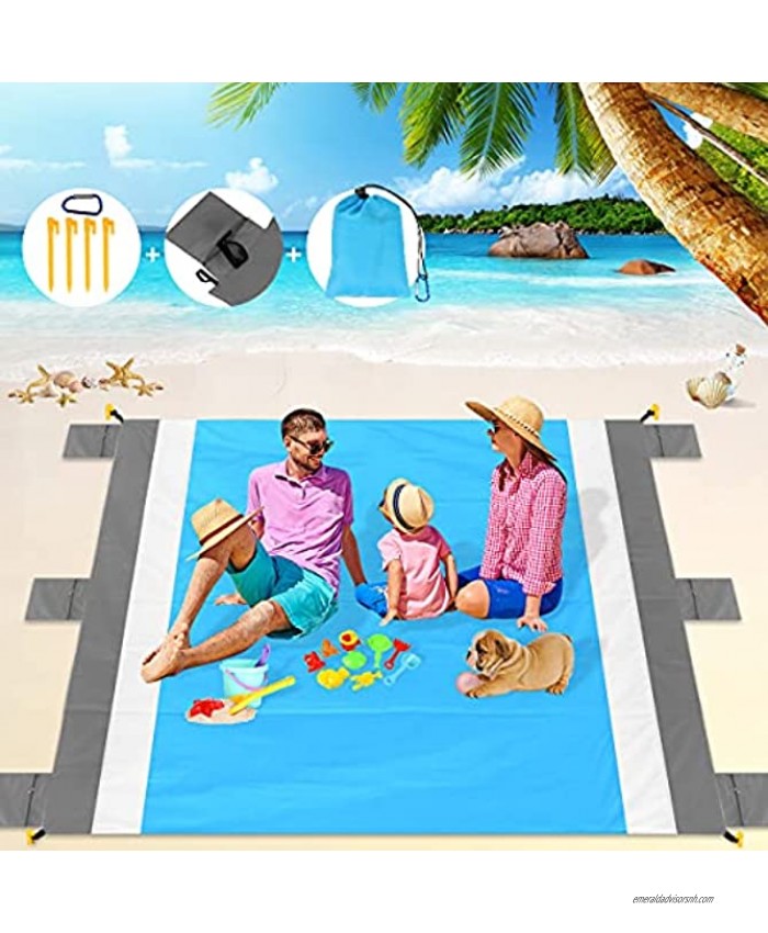 Aitok Beach Blanket 79X83 Sandproof Beach Mat for 4-7 Adults Waterproof Quick Drying Beach Blankets Lightweight Portable Outdoor Picnic Mat with 4 Stakes & 6 Zipper Pockets for Camping Hiking