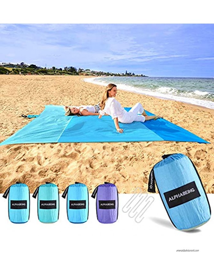AlphaBeing Beach Blanket Sandproof Large Sand Free Beach Mat Oversized Lightweight Portable Mat for Picnic Camping Hiking Ideal Beach Accessories with 4 Corner Pockets & 6 Stakes