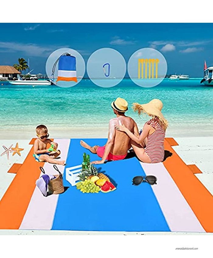 Beach Blanket Sandproof,10'X 9' Extra Large Suitable for 2-8 Person Beach Mat,Waterproof & Sand Free & Lightweight Picnic Mat Quick Drying Lightweight & Durable with 6 Stakes & 4 Corner Pockets
