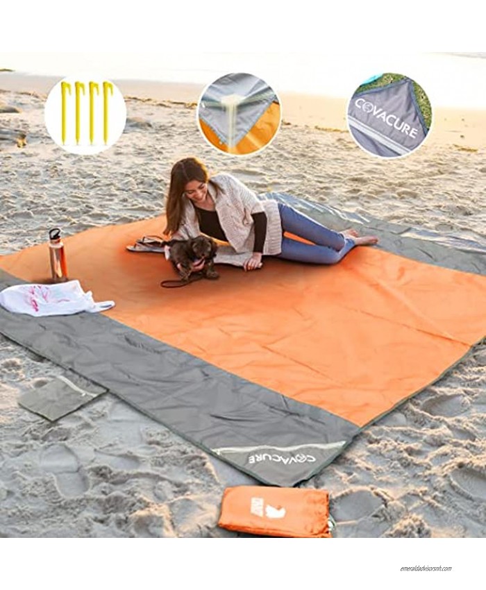 Covacure Beach Blanket Waterproof Sandproof 83''×79''- Double Windproof Designed Beach Blanket Oversized for 4-7 Adults 6 Zipper Pockets Beach Towel with 4 Stakes Portable for Beach Camping
