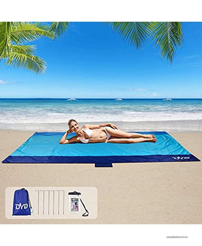 DYD Beach Blanket Waterproof Sandproof Oversized Beach Mat 7' x 9' for 6 Adults Sand Free Extra Large Compact Outdoor Blanket for Picnic Travel Camping and HikingBlue