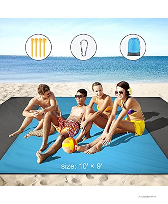 HAMSWAN Large Beach Blanket Waterproof Sandproof Oversized 10' x 9' for 7 Adults Family Picnic Travel Camping Hiking Outdoor Blanket with 4 Corner Pockets