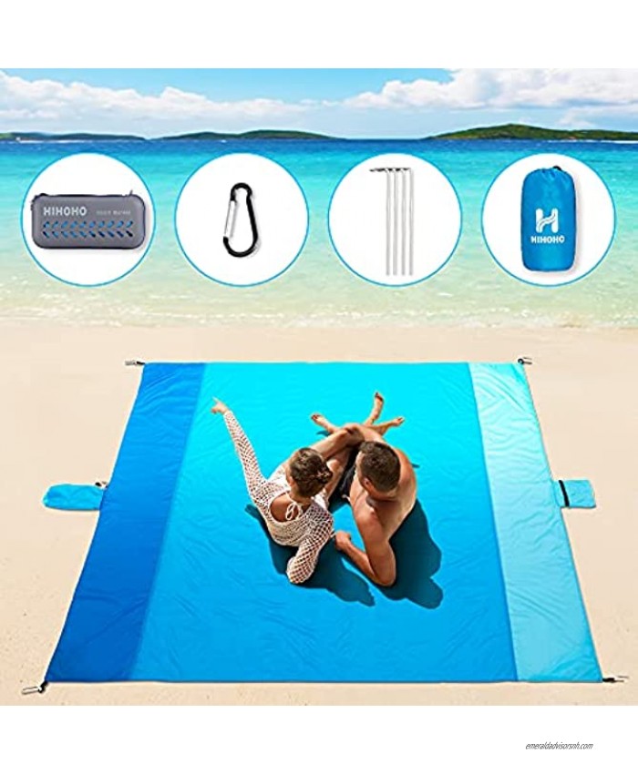 HIHOHO Beach Blanket Large Size 82''X80'' for 4-7 Adults Outdoor Sandproof Picnic Blanket Light Weight Nylon Beach Mat with 4 Stakes and 4 Corner Pockets for Travel Camping or Hiking