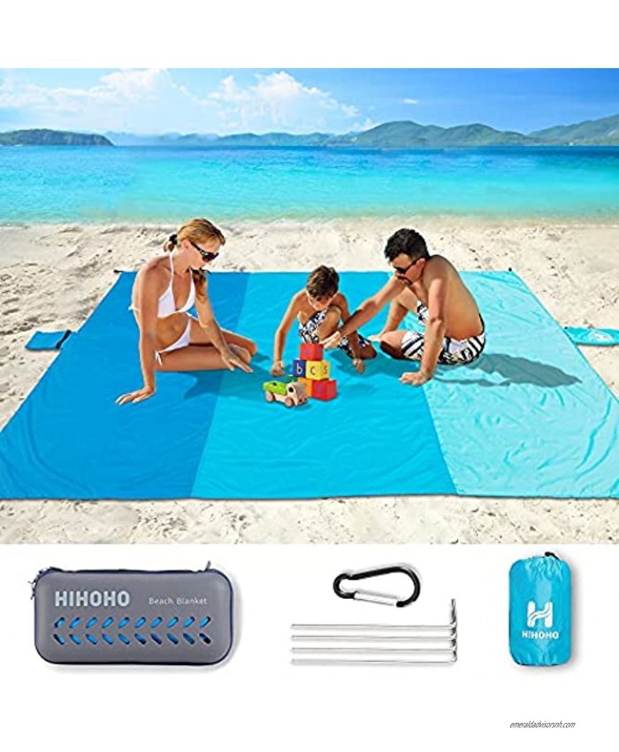 HIHOHO Sand Proof Beach Blanket Large 82 X79 Family Nylon Beach Mat for 4-7 Adults Lightweight Outdoor Water Resistant Beach Accessories Portable Mat for Travel Camping Hiking EVA Sports Package
