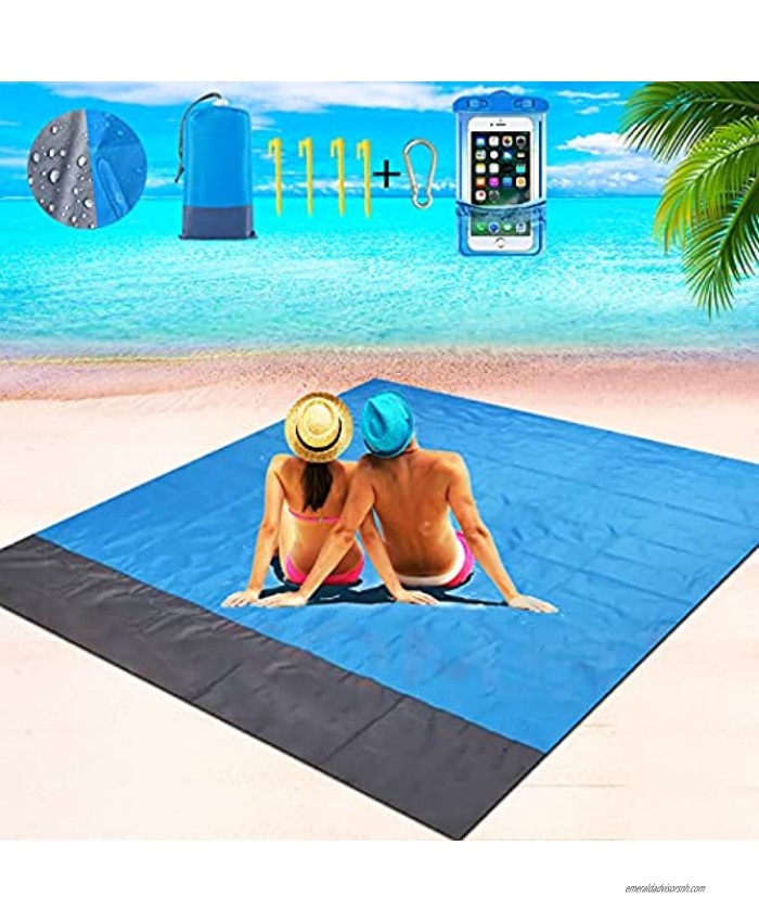 Sand Free Beach Blanket Extra Large 79 x 83 Waterproof Sand Free Picnic Mat,Waterproof Sandproof for 4-7 Adults,Quick Drying Ripstop Nylon Compact Outdoor Beach Mat for Travel,Camping,Hiking