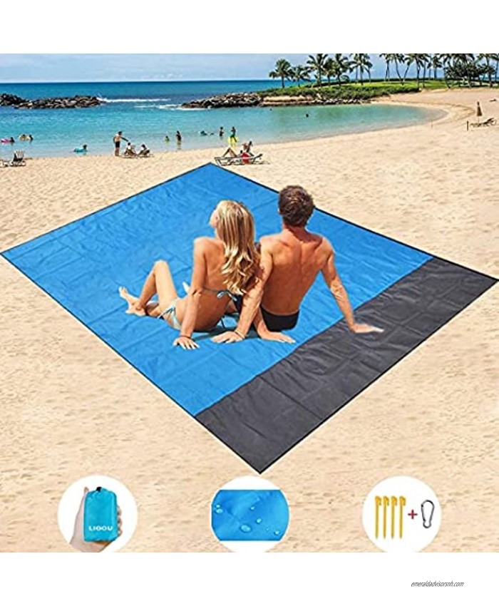 Sand Free Beach Blanket Extra Large 79''×83'' for 4-7 Adults Beach Mat Big & Compact Sand Proof Mat Quick Drying Lightweight & Durable with 4 Stakes Outdoor Blanket for Travel,Camping,Hiking