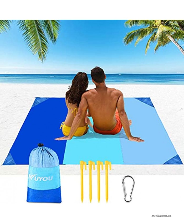 Sand Proof Beach Blanket Oversize Beach Mat 82x79 for 7 Adults Sand Free Water Resistant Quick Dry Travel Pad with 1 Carabiner & 4 Stakes & 4 Corner Pockets Ultra Portable for Beach Picnic Camping