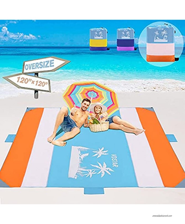 VDSTAR Beach Blanket Extra Large 120×12010'×10' Picnic Blanket for 5-9 Adults Triple Anchored with 4 Corner Sand Pockets 4 Storage Pockets and 5 Stakes for Vacation,Travel Camping Hiking