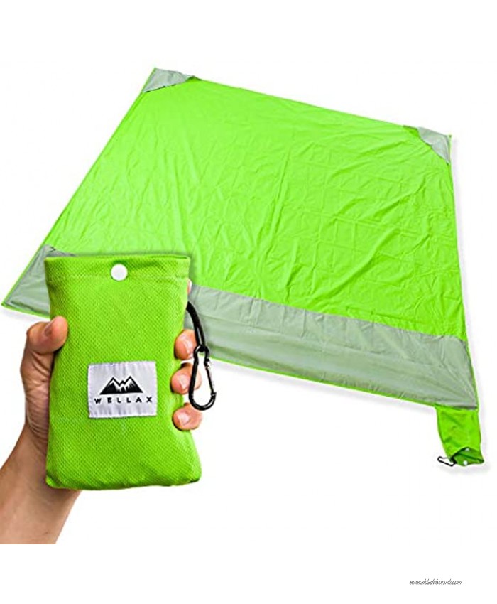 WELLAX Sandproof Beach Blanket Waterproof Compact Pocket Blanket Sand Free Picnic Mat for Travel Camping Hiking and Music Festivals Durable Tarp with Corner Pockets Green