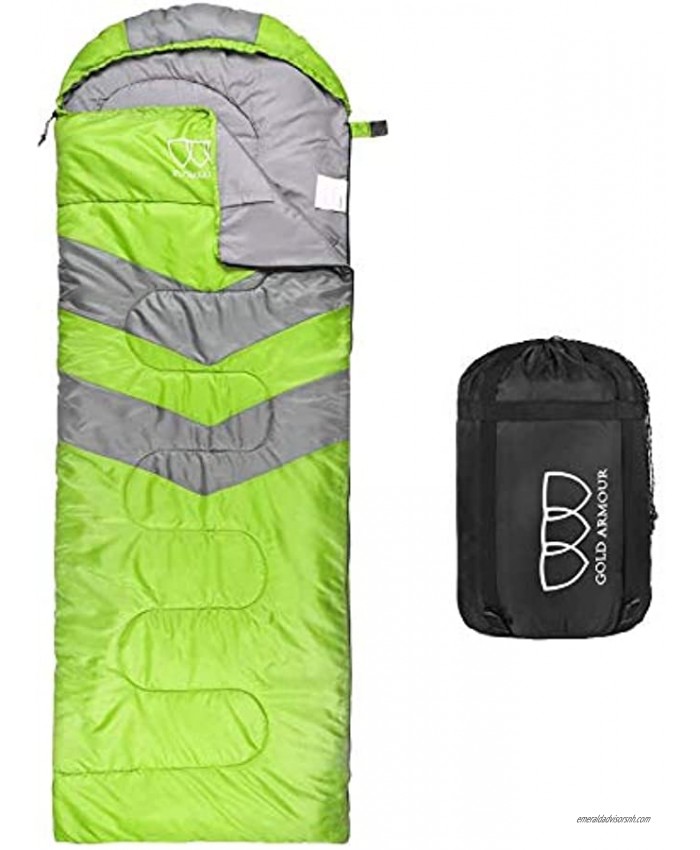 Gold Armour Sleeping Bags for Adults Kids Boys Girls Backpacking Hiking Camping Cold Warm Weather 4 Seasons Indoor Outdoor Use Lightweight & Waterproof Lime Green Gray Left Zipper