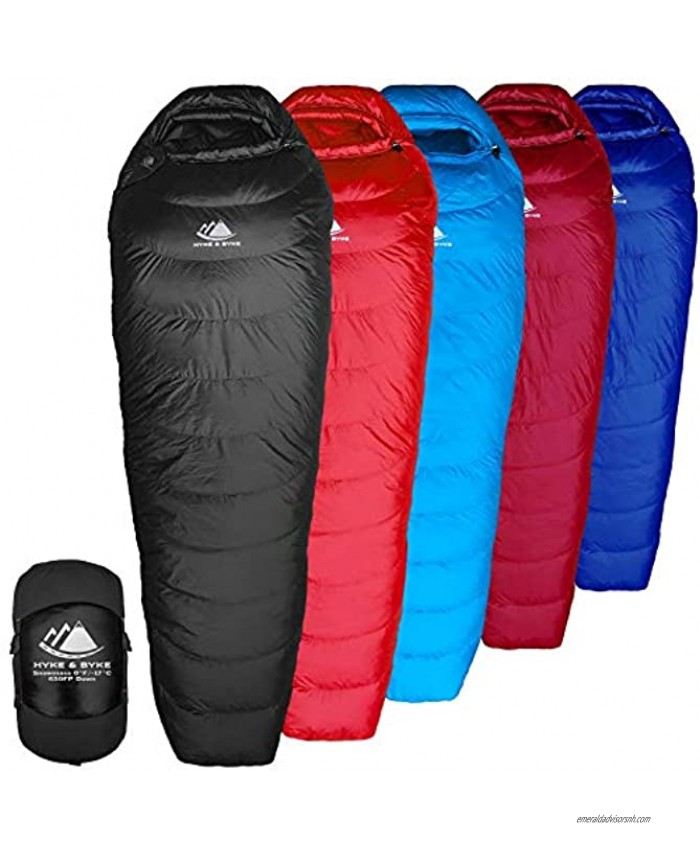 Hyke & Byke Snowmass 0 Degree F 650 Fill Power Hydrophobic Down Sleeping Bag with ClusterLoft Base Ultra Lightweight 4 Season Men's and Women's Mummy Bag Designed for Cold Weather Backpacking