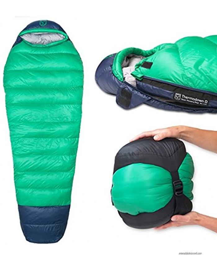 Paria Outdoor Products Thermodown 0 Degree Down Mummy Sleeping Bag Ultralight Cold Weather 4 Season Bag Perfect for Backcountry Camping and Backpacking
