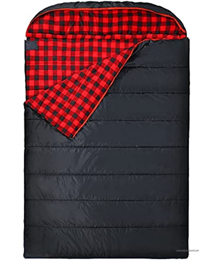 REDCAMP Double Sleeping Bag for Adults 2 Person Cold Weather Queen Size Flannel Sleeping Bags for Camping Black Navy Blue