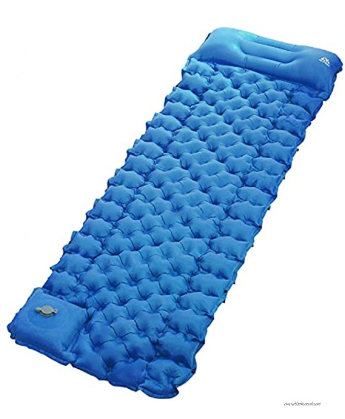 AKASO Camping Sleeping Pad Built-in Foot Pump Inflatable Sleeping Mat with Pillow Compact Ultralight Waterproof Camping Air Mattress for Backpacking Hiking Tent-Blue