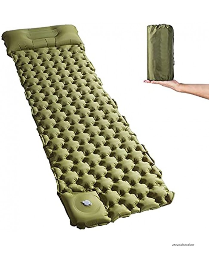 Inflatable Sleeping Pad for Camping Compact Ultralight Waterproof Air Mattress Foot Pump Quick Inflation Durable Comfortable Camping Pad for Hiking Tent Traveling Beach Army Green