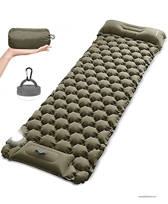 MOUNTDOG Camping Sleeping Pad Mat with LED Camping Lantern Ultralight Inflatable Backpacking Pad Air Mattress for Camp Hiking Traveling Tent Camping Lamps with 5 Light Modes Handle & Carabiner
