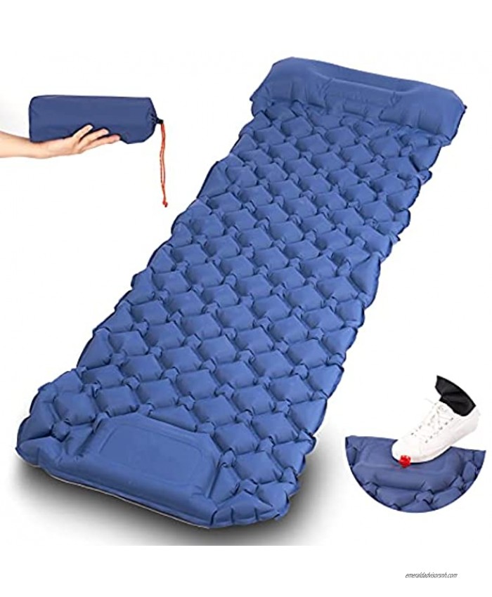Self-Inflating Camping Sleeping Pad Waterproof Hiking Air Mattress with Foot Pump Pillow Ultralight Camp Sleep Pad Extra Thickness Navy