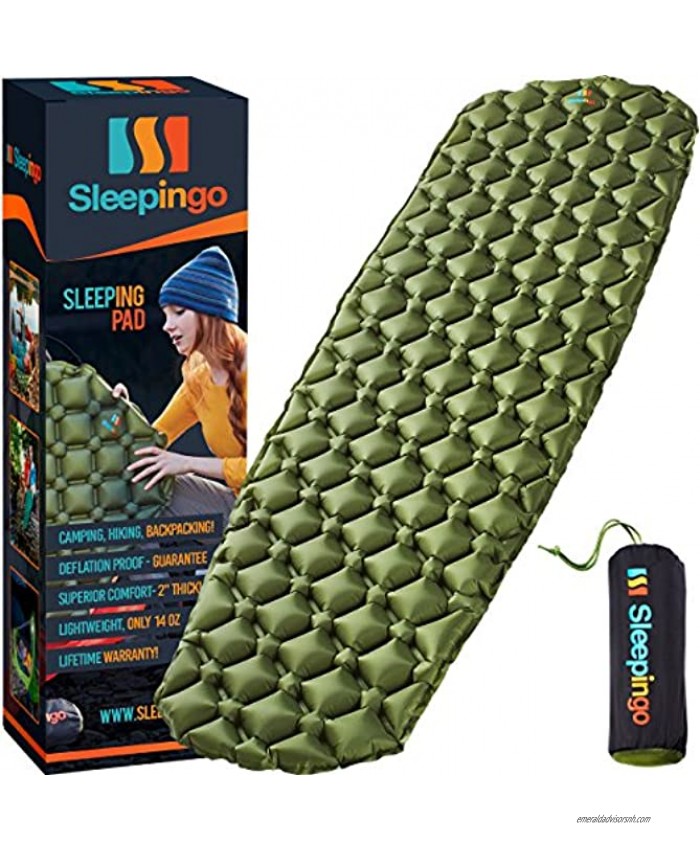 Sleepingo Camping Sleeping Pad Mat Large Ultralight 14.5 OZ Best Sleeping Pads for Backpacking Hiking Air Mattress Lightweight Inflatable & Compact Camp Sleep Pad