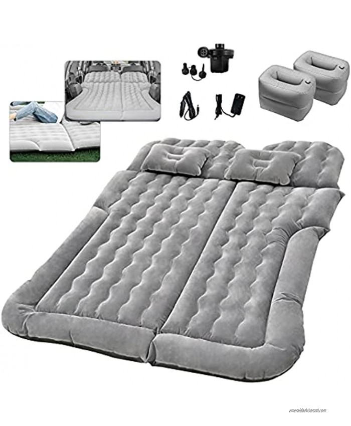 Grey SUV Air Mattress Car Bed Camping Cushion Pillow Inflatable Thickened Car Air Bed with Electric Air Pump Flocking Surface Portable Sleeping Pad for Travel Camping Minivan Van Trunk